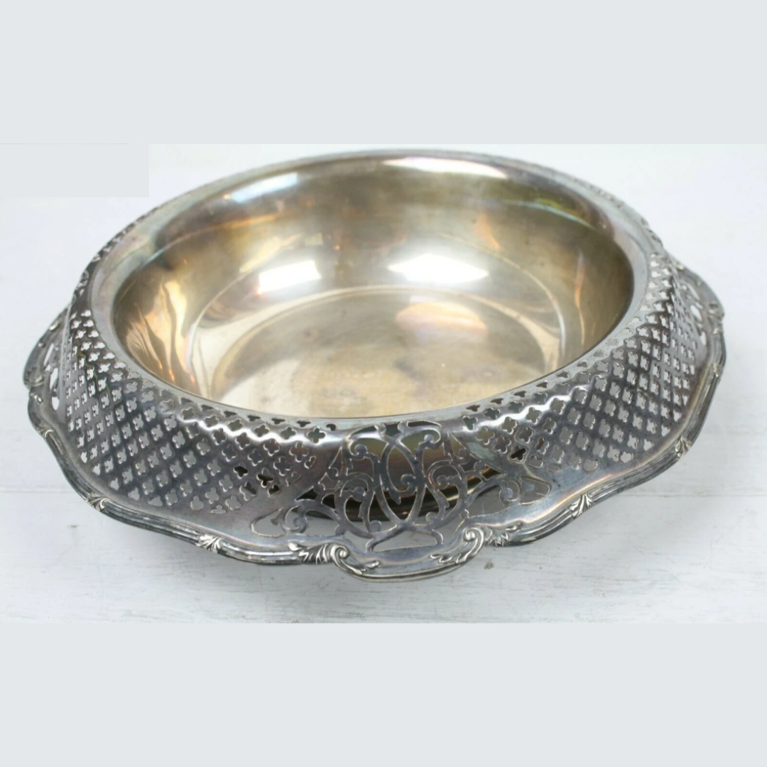 Silver Plate Deep Round Bowl Folded Pierced Rim Scroll Medallion